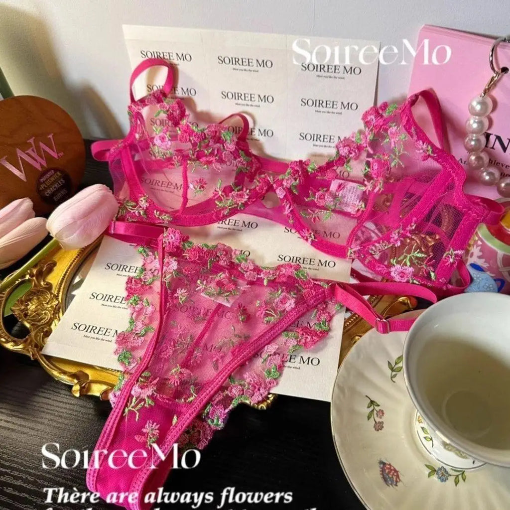 Everyday French Lace Bra Set Sheer Mesh Underwire Large Bust Support Floral Embroidery Comfort Wear Sexy MOYISU Panty Tushy Set