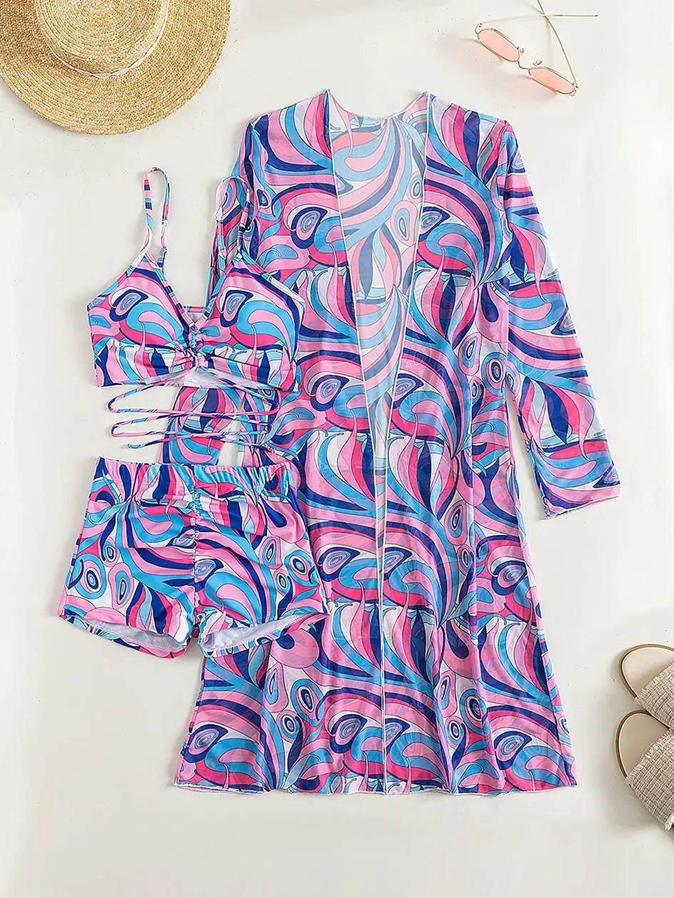 3 Pieces Sexy Print Bikini 2026 Women High Waist Swimsuit & Kimono Swimwear Female Lady Bathing Suit Swimming Summer Beachwear
