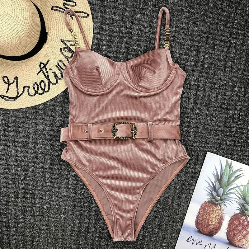 Ribbed Push up Underwired Metal Chain Women Swimwear One Piece Swimsuit Female Waist Belt Monokini Bather Bathing Suit Swim Lady