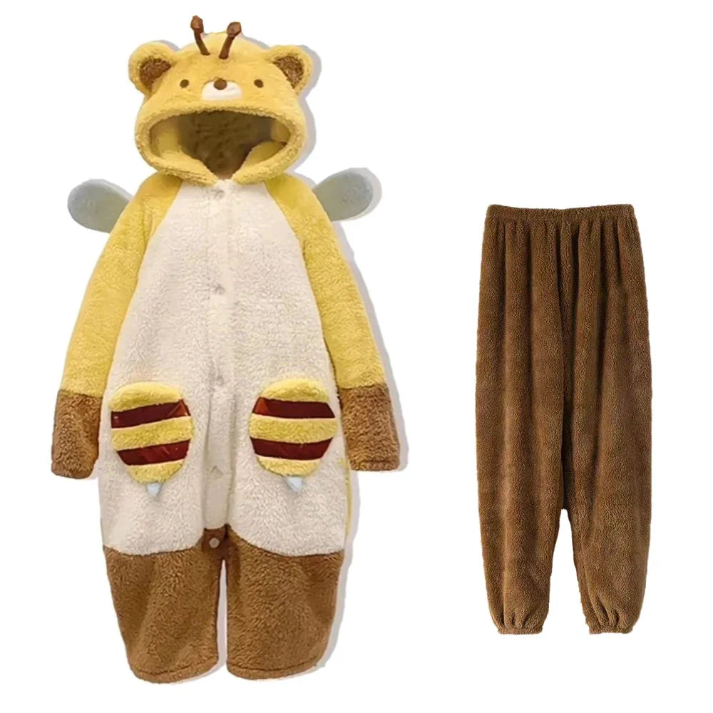 Cartoon Honeybee Pajamas Robes Slipper Kigurumi Unicron Anime Flannel Nightgown Winter Nightdress Party Cosplay Costume Slipper