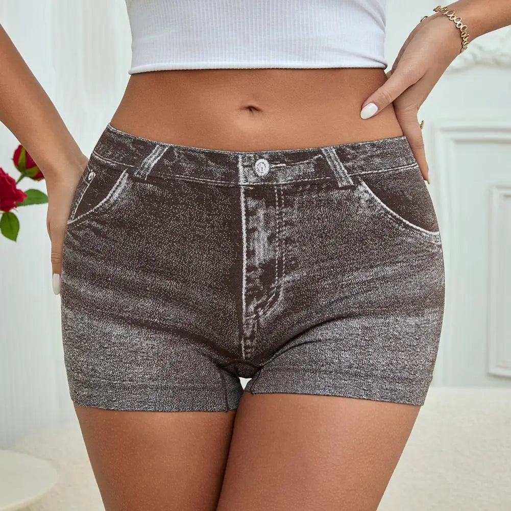 Denim Shorts Women Shorts High Stretchy Imitation Denim Short Leggings with Pockets Tight Fitting Summer Shorts