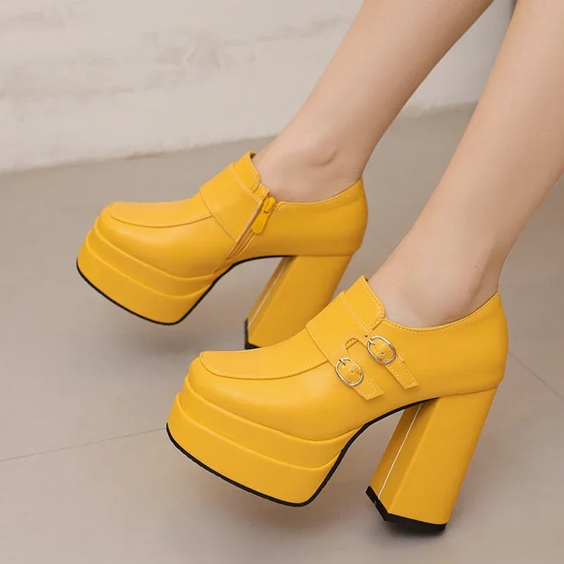 Plus Size Double Row Small Buckle Side Zipper Square Toe Double Layer Platform High Thick Heel Women's Pumps Shallow High Heels