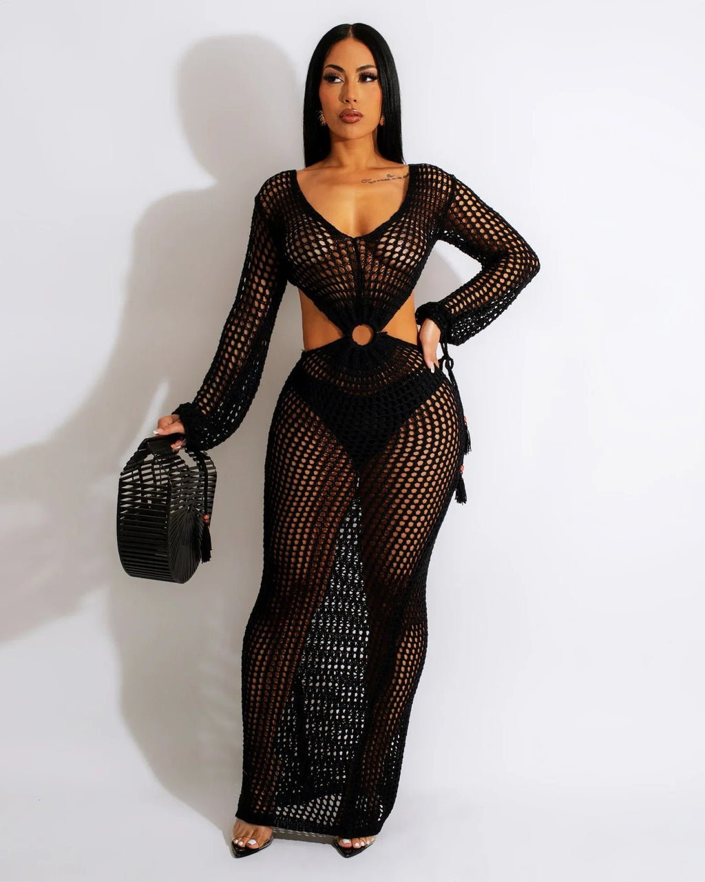 DEKA New Sexy Knit Mesh Cut Out Deep V Neck Long-sleeve Lace-up Fringe Tunic Summer Women Swimsuit Cover-ups Beach Maxi Dress
