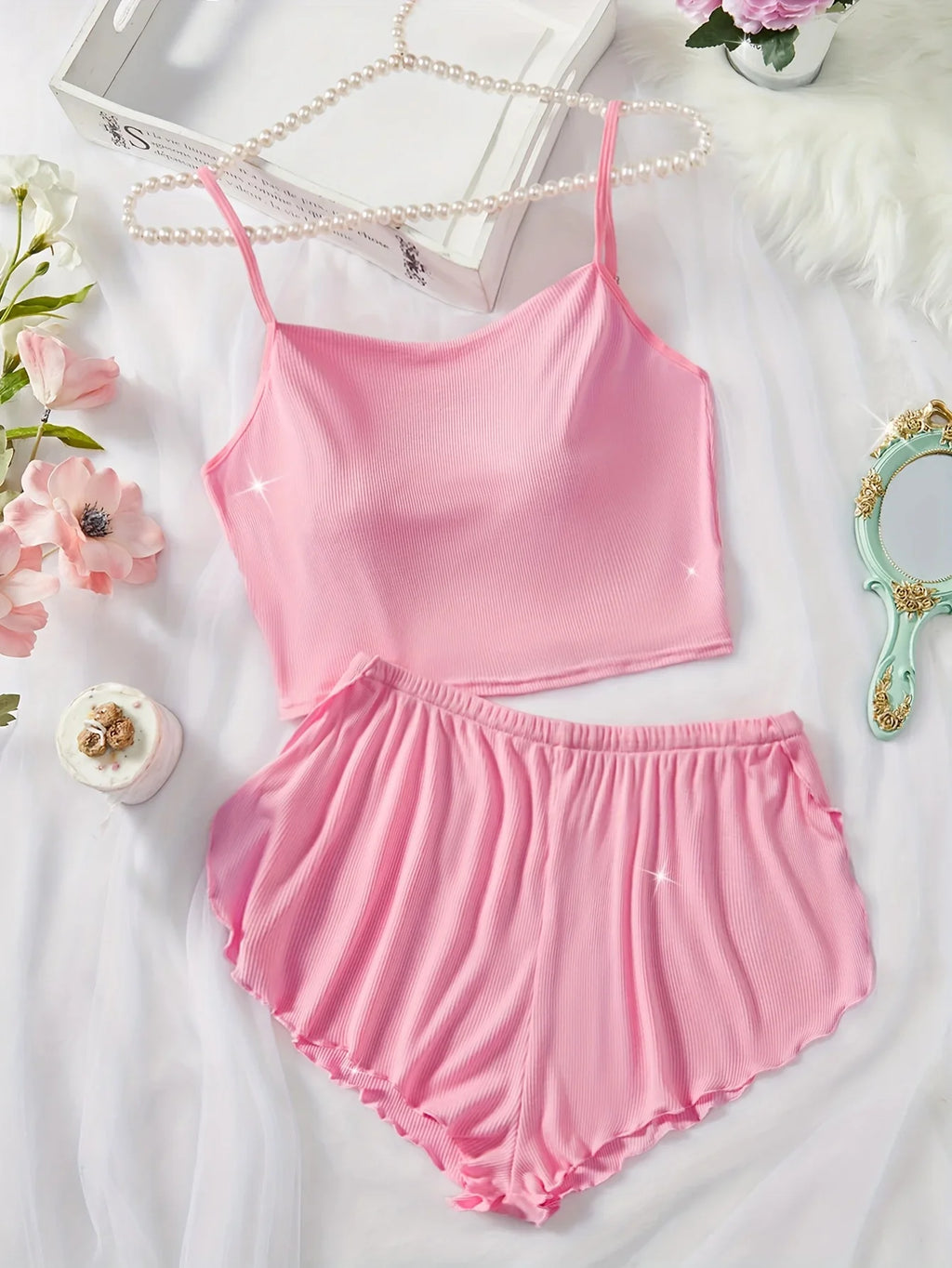 Women Solid Color Pajamas Set Comfortable Suspender Top and Slit Lettuce Trim Shorts Sets Casual Sleepwear & Loungewear
