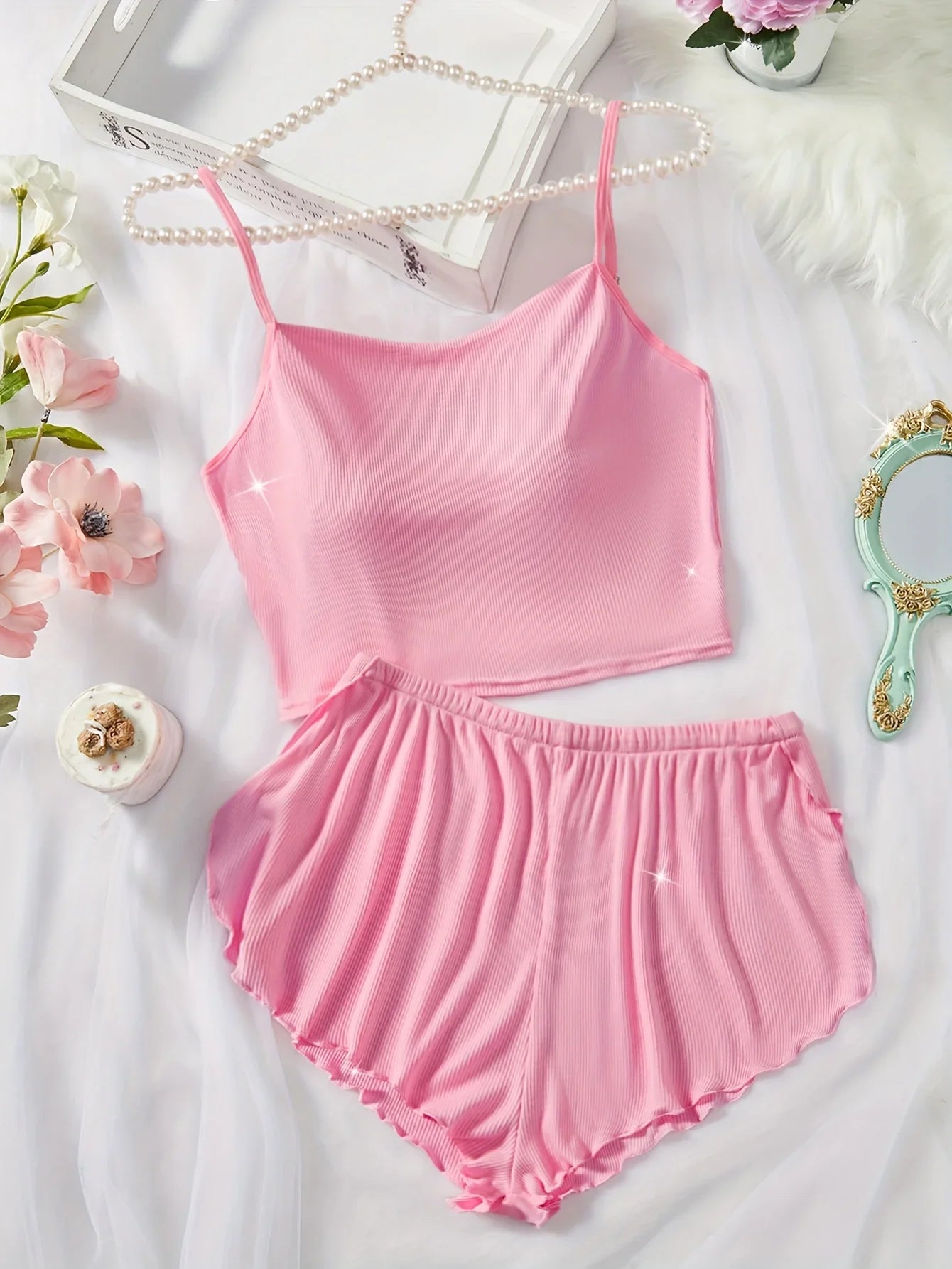 Women Solid Color Pajamas Set Comfortable Suspender Top and Slit Lettuce Trim Shorts Sets Casual Sleepwear & Loungewear