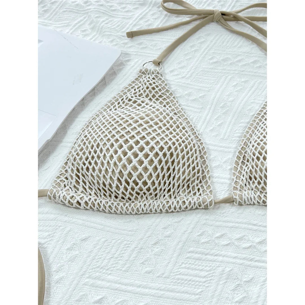 Halter Mesh Fish Net Brazilian Bikini Female Swimsuit Women Swimwear Two-Pieces Bikini Set Bather Bathing Suit Swim V3680