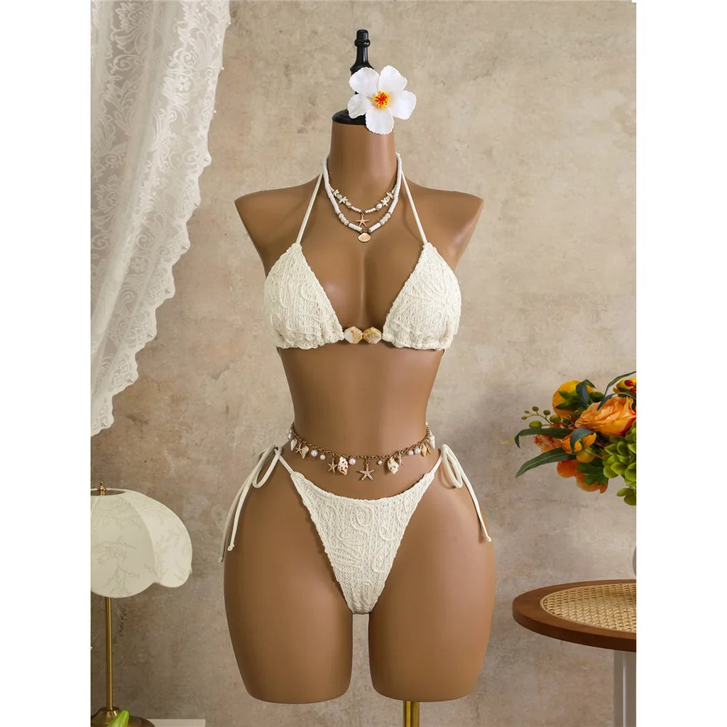 With Sarong Halter Printed Bikini Women Swimwear Female Swimsuit Padded Bather Bathing Suit Swim Three-pieces Bikini set K8073