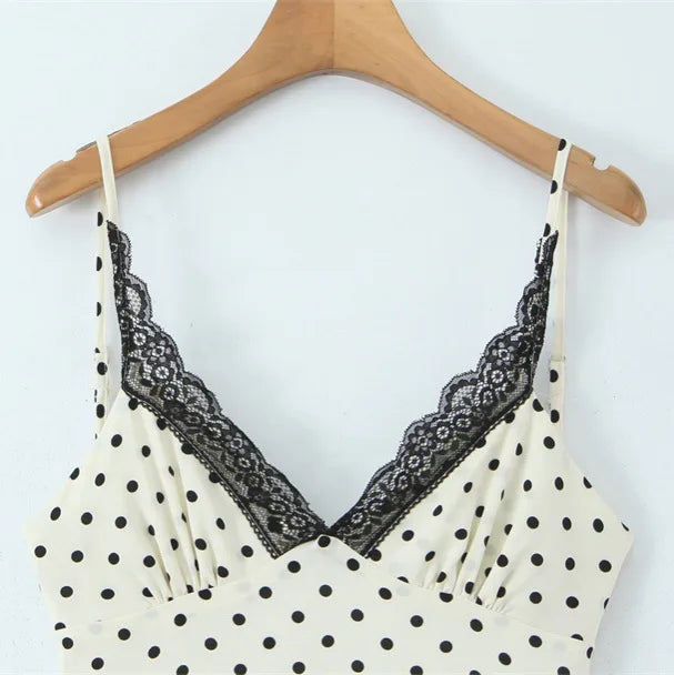 Style Lace Trim Spliced Camisole Dress For Women Polka Dot Print Vacation Beach Long Dress Backless Deep V Sleeveless Dress 82UF