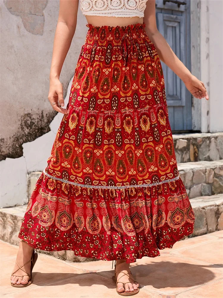 Women's Loose Long Skirt Bohemian Print Elastic Waist Ruffle Flowy Pleated Skirts Summer Beach Party Streetwear