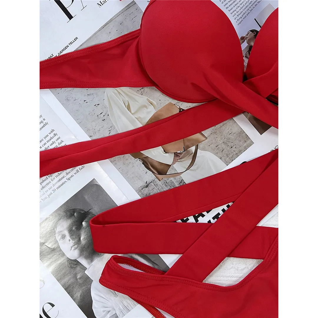 Sexy Wrap Around High Waist Bikini Female Swimsuit Women Swimwear Two-pieces Bikini Set Bandage Bather Bathing Suit Swim V3115