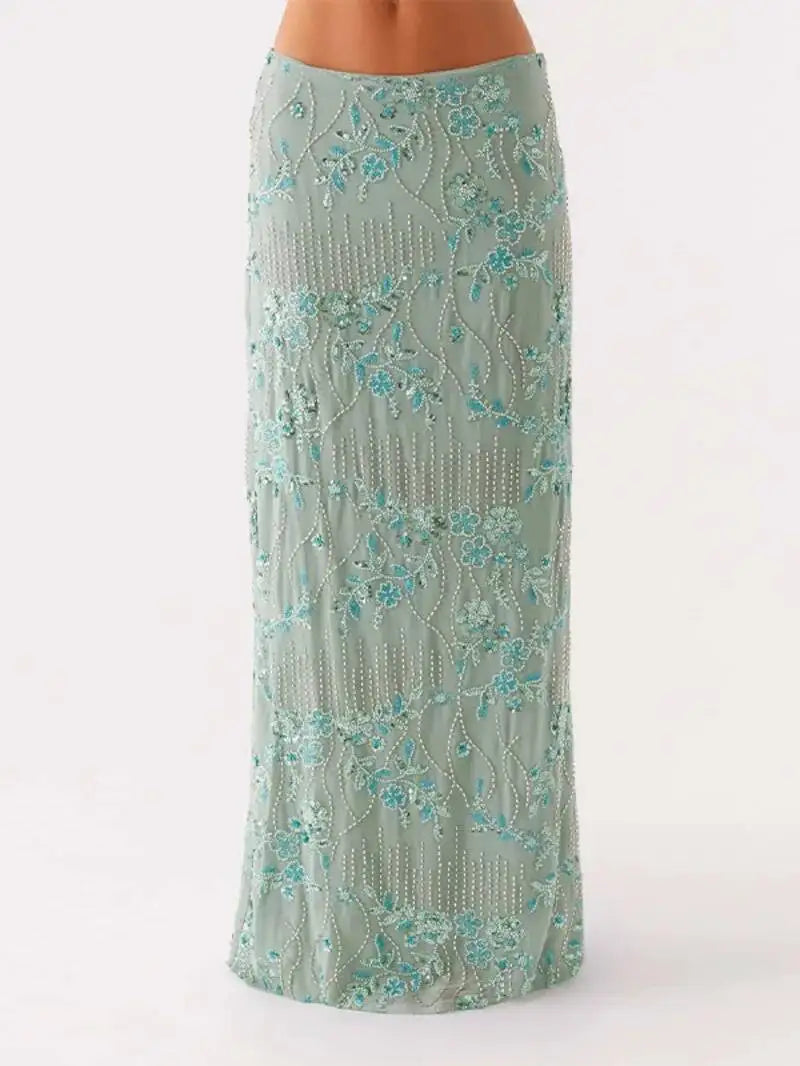 Sexy Beading Sequined Long Skirt Women Solid Low Waist Slim Straight Skirts Female Summer Lady Chic Beach Vacation Clothes JO6M
