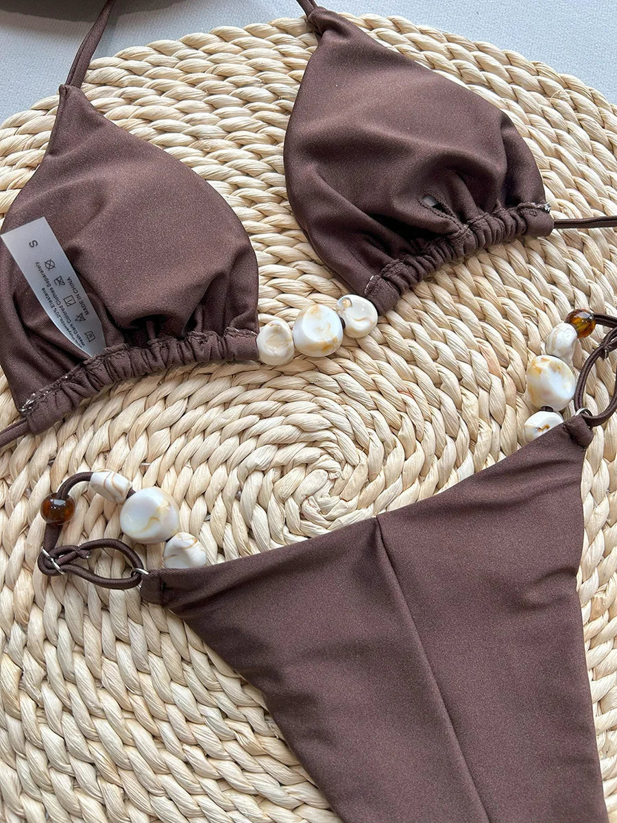 Shiny Halter High Leg Cut Beads Bikini Women Swimwear Female Swimsuit Two-pieces Bikini Set Padded Bather Bathing Suit Swim Lady