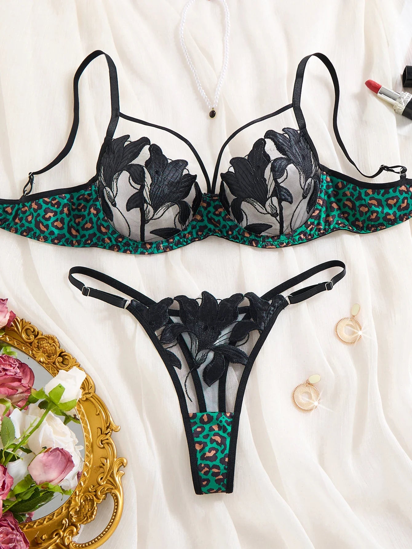 3/4 cup gathered netted lace lingerie set - green leopard print black floral embroidered bra and panties set ZA825183