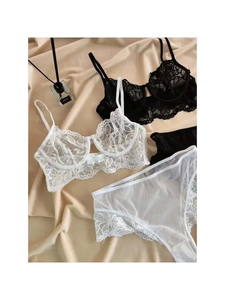 MOYISU French temptation lace big boobs small bra underwear ultra thin set transparent white sensory pure desire underwear