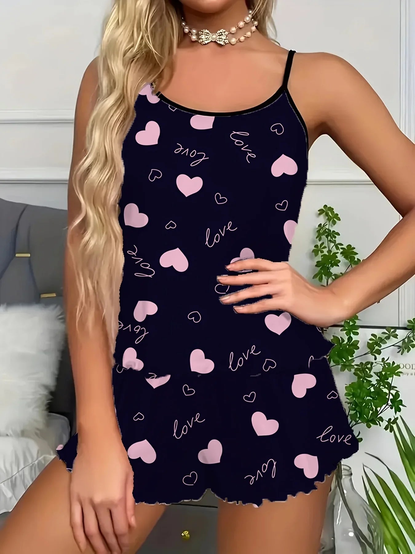 Women's Bow Heart Print Pajamas Set Home Wear Backless Crop Top and Shorts, Comfortable Loose Fit Summer Sleepwear