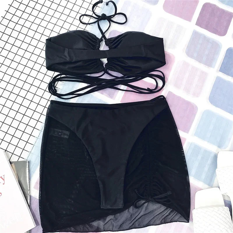 Wrap Around with Mesh Sarong Skirt Bikini Female Swimsuit Women Swimwear Three-pieces Bikini Set Beachwear Bathing Suit Swim