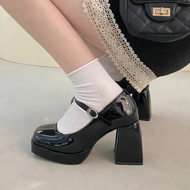 Patent Leather High Heel Mary Jane Shoes Women Elelgant Buckle Strap Platform Pumps Woman Chunky Heels Punk Lolita Shoes Female