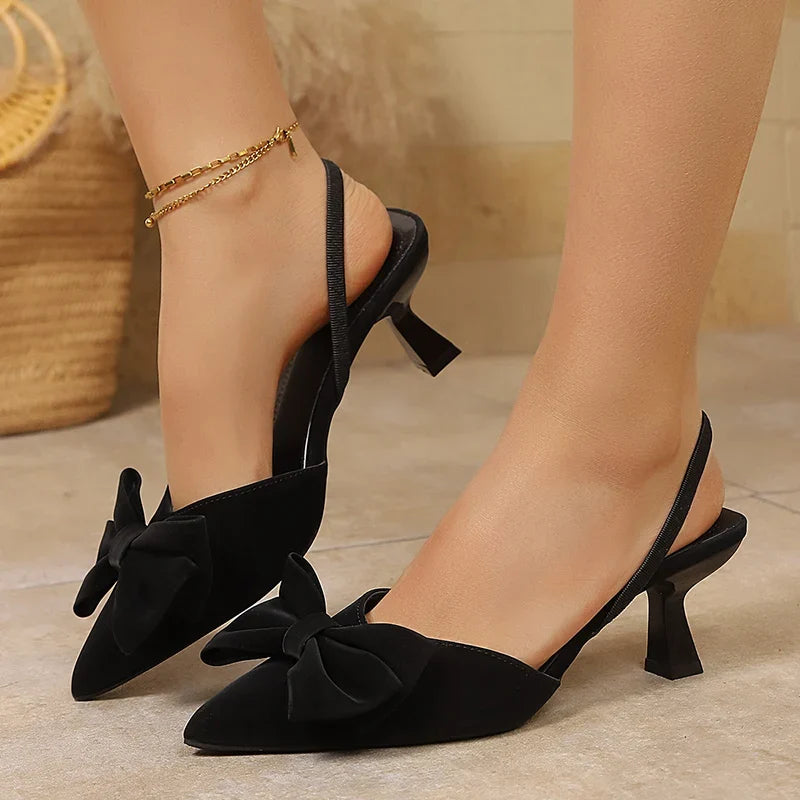 French Style Bowknot Mules Sandals Women Fashion Slip On High Heel Sandals Woman Plus Size 43 Pointed Toe Party Shoes Ladies