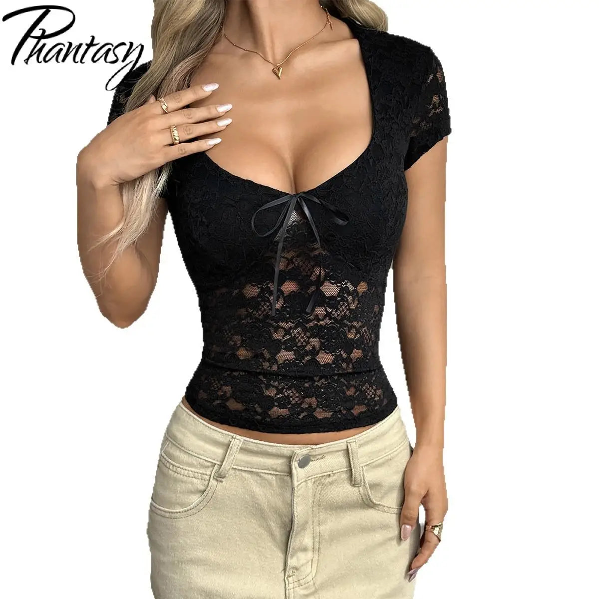 Phantasy Women's Lace Short Sleeve Shirt Sexy Hot Girl Y2K V-Neck Slim Top Bow Knitted Low Cut Short Top Summer Women Clothing
