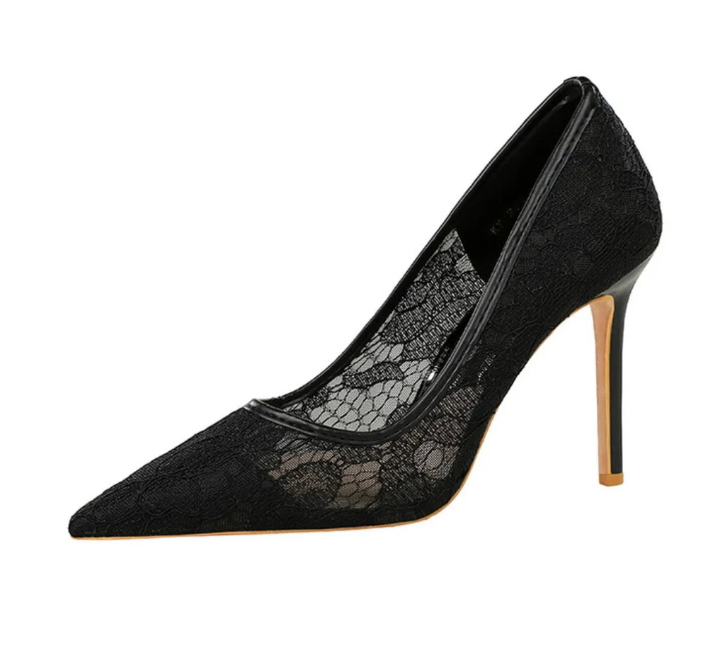 NASBAVI Sexy Lace High Heels Net Gauze Thin Heel Pointed Toe Slimming Nightclub Style Low Heel Single Shoes 41 42 43