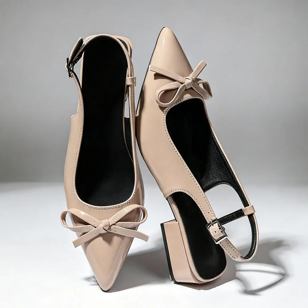 Big Size 42 Vintage y2k Slingback Sandals Women Summer Elegant Nude Bow Knot Pointed Toe 3cm Square Heels Office Lady Shoes