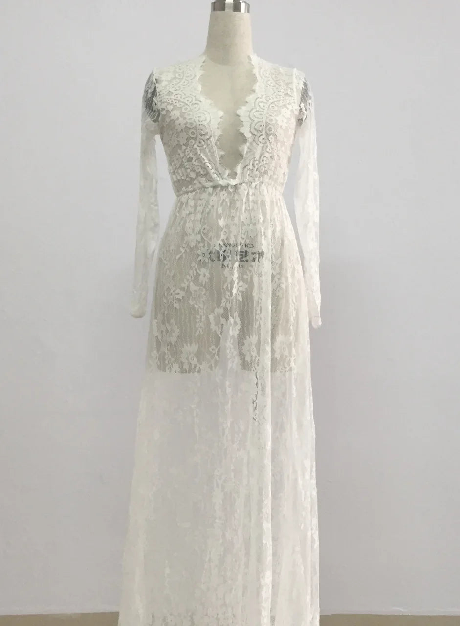 Sexy See Through Lace Long Dresses For Women Deep V-neck Solid Color Maxi Dress Fashion Streetwear Party Night Club Vestidos New