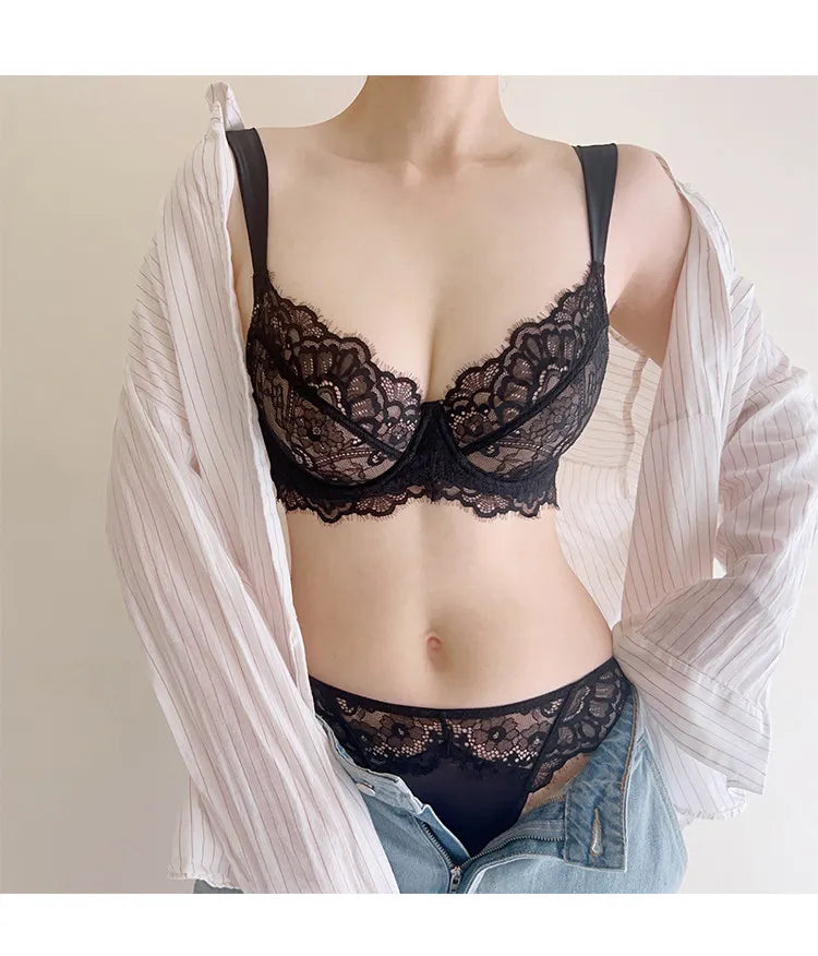 French Lace Bra Set Women Sexy Deep V Push Up Big Bust Minimizer Anti Sagging Support Wireless Comfort Summer Ultra Thin Cotton