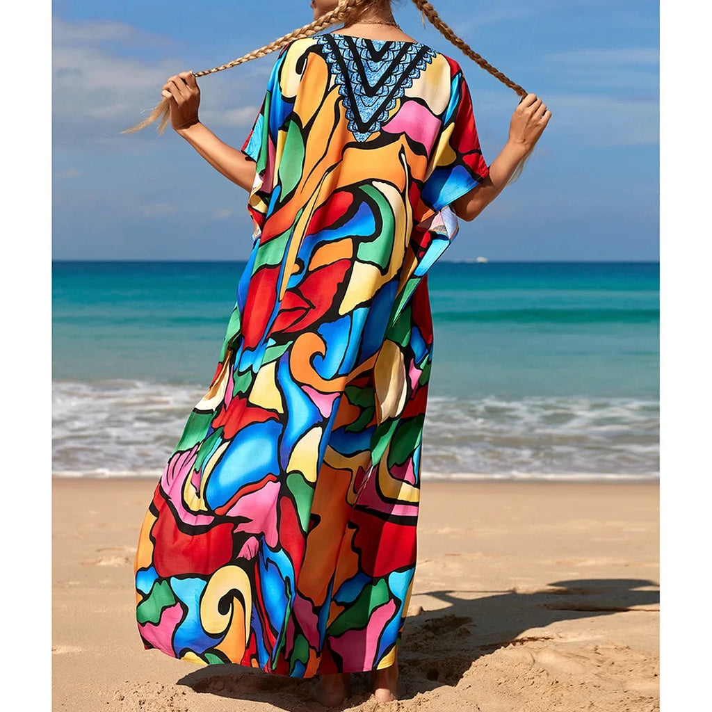 2026 New Colorful Kaftan Tunic Beach Dress Beach Wear Beachwear Beach Cover Up Cover-upsLoose Maxi Dress Female Women V4428