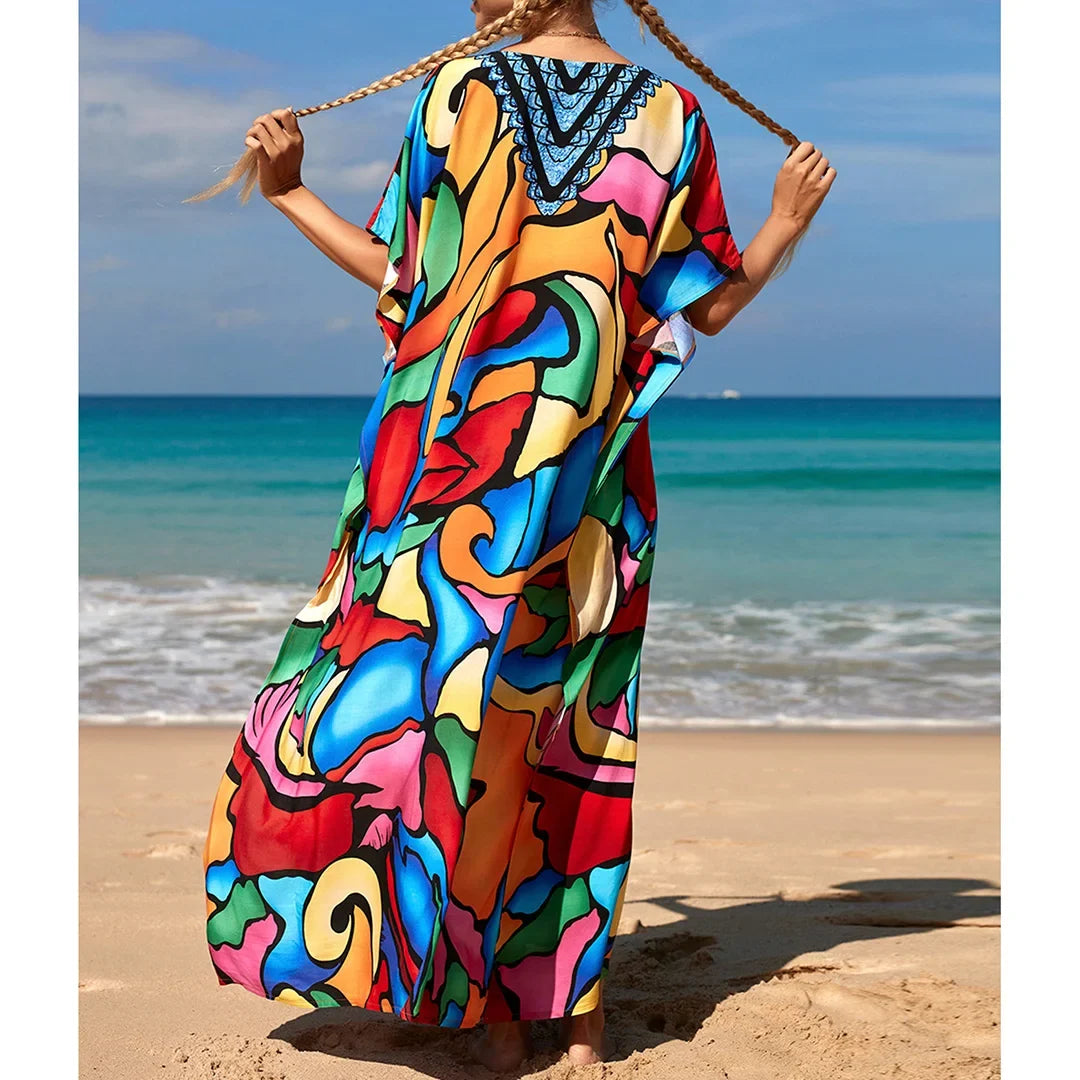 2026 New Colorful Kaftan Tunic Beach Dress Beach Wear Beachwear Beach Cover Up Cover-upsLoose Maxi Dress Female Women V4428