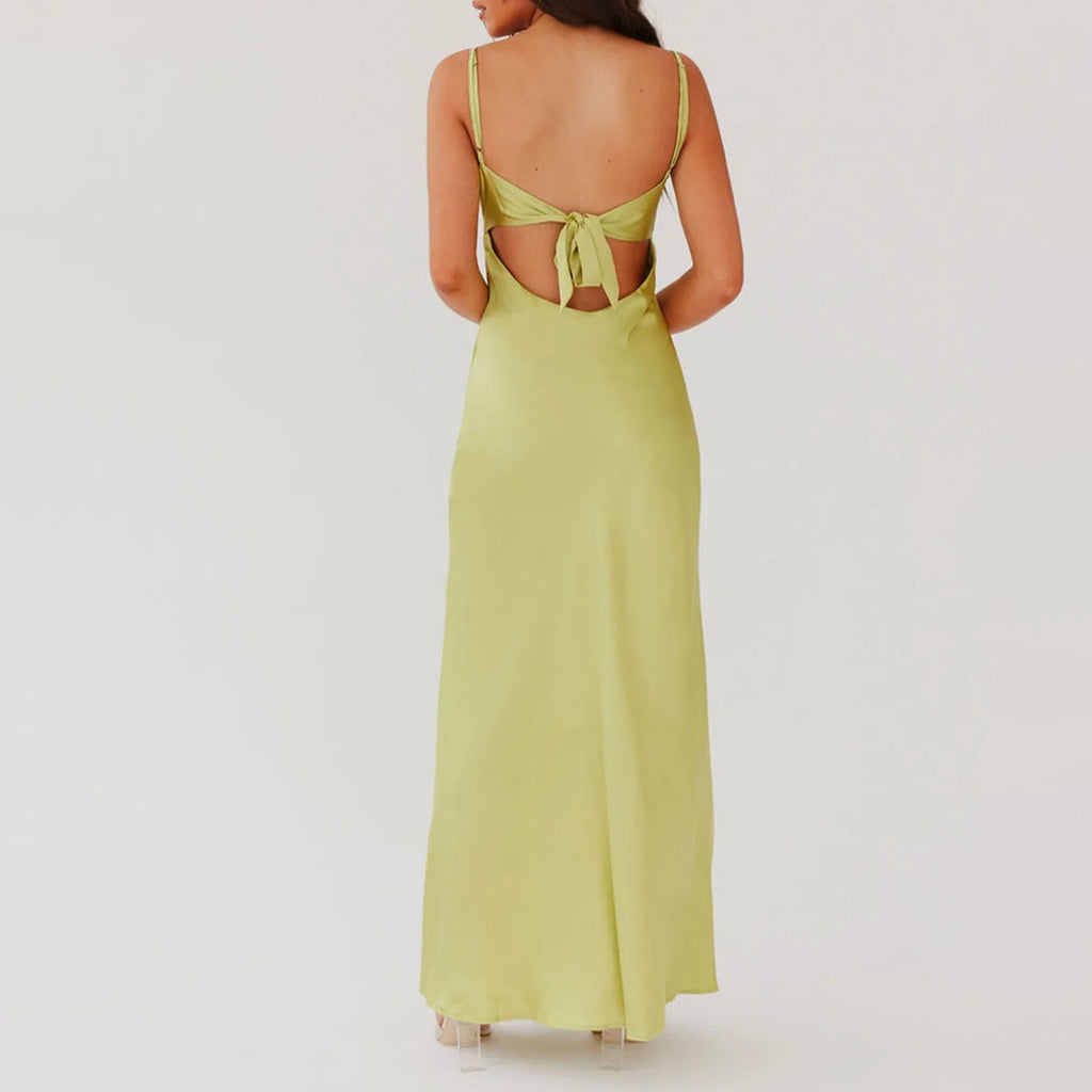 Women Cami Dress Solid Color Sleeveless Tie-Up Front Sleeveless Backless Dress Long Dress Summer Casual Spaghetti Strap Dress