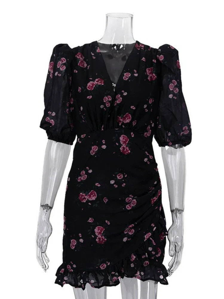 FDYOUI Elegant V-neck Floral Printed Short Dress High Street Women's Puff Sleeve High Waist Tunics Ruched Vacation Party Dresses