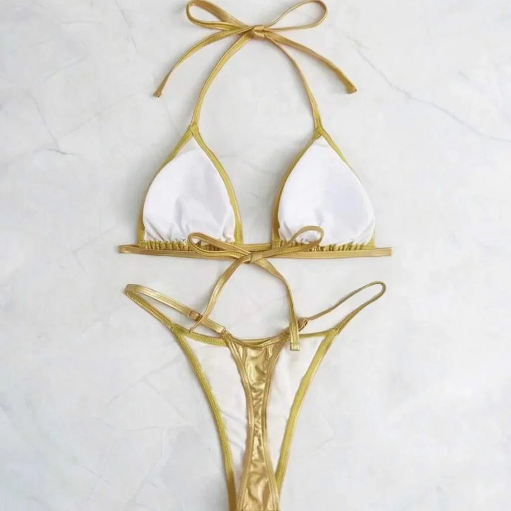 Sexy Metallic Gold Glitter Halter Bikinis Sets Two Pieces Women Thong Bandage Swimsuit Female Bathing Suit Swimwear Biquini