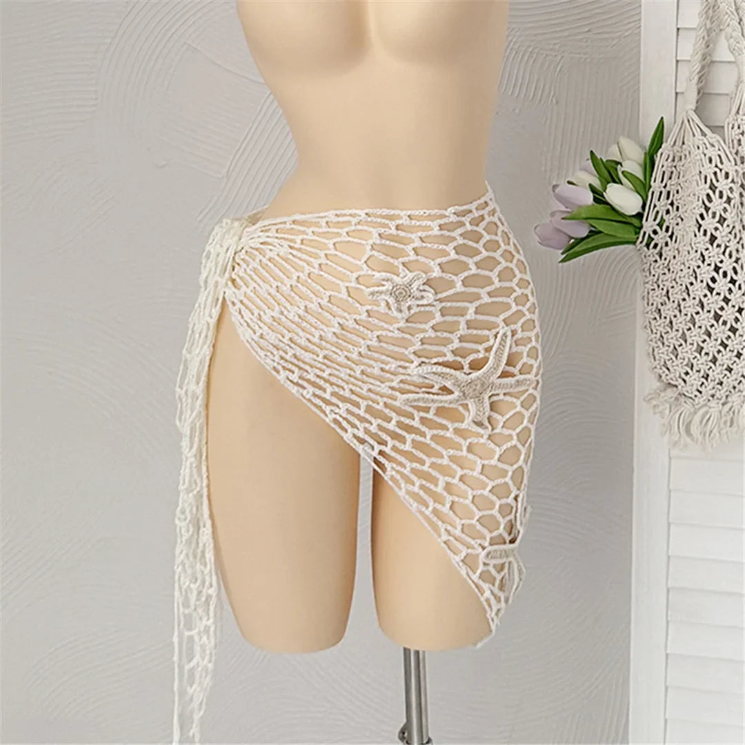 New 3D Star Hollow Out Crochet Knitted Sarong Pareo Beach Dress Beach Wear Beachwear Beach Cover Up Cover-upsFemale Women V7309