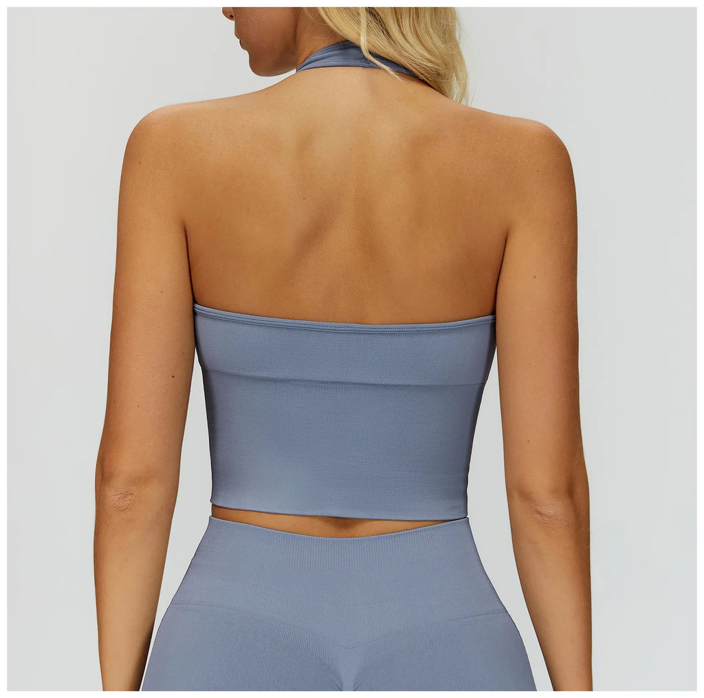 Seamless High Stretch Sports Bra Women Halter Yoga Bra Padded Backless Sports Bras Gym Crop Top Push Up Workout Yoga Tops Woman