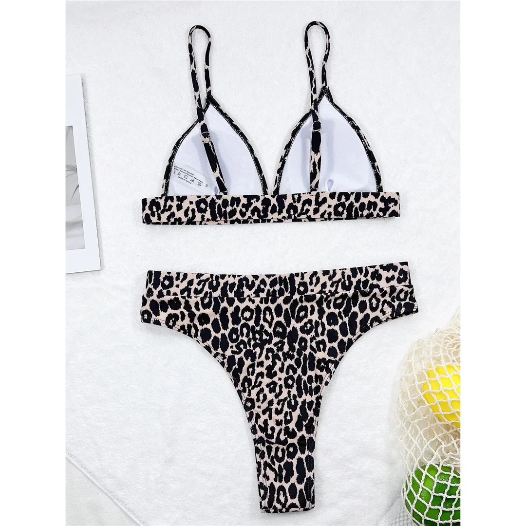 Sexy Leopard Padded Female Swimsuit High Waist Bikini Women Swimwear Two-Pieces Bikini Set Bather Bathing Suit Swim Lady V3446