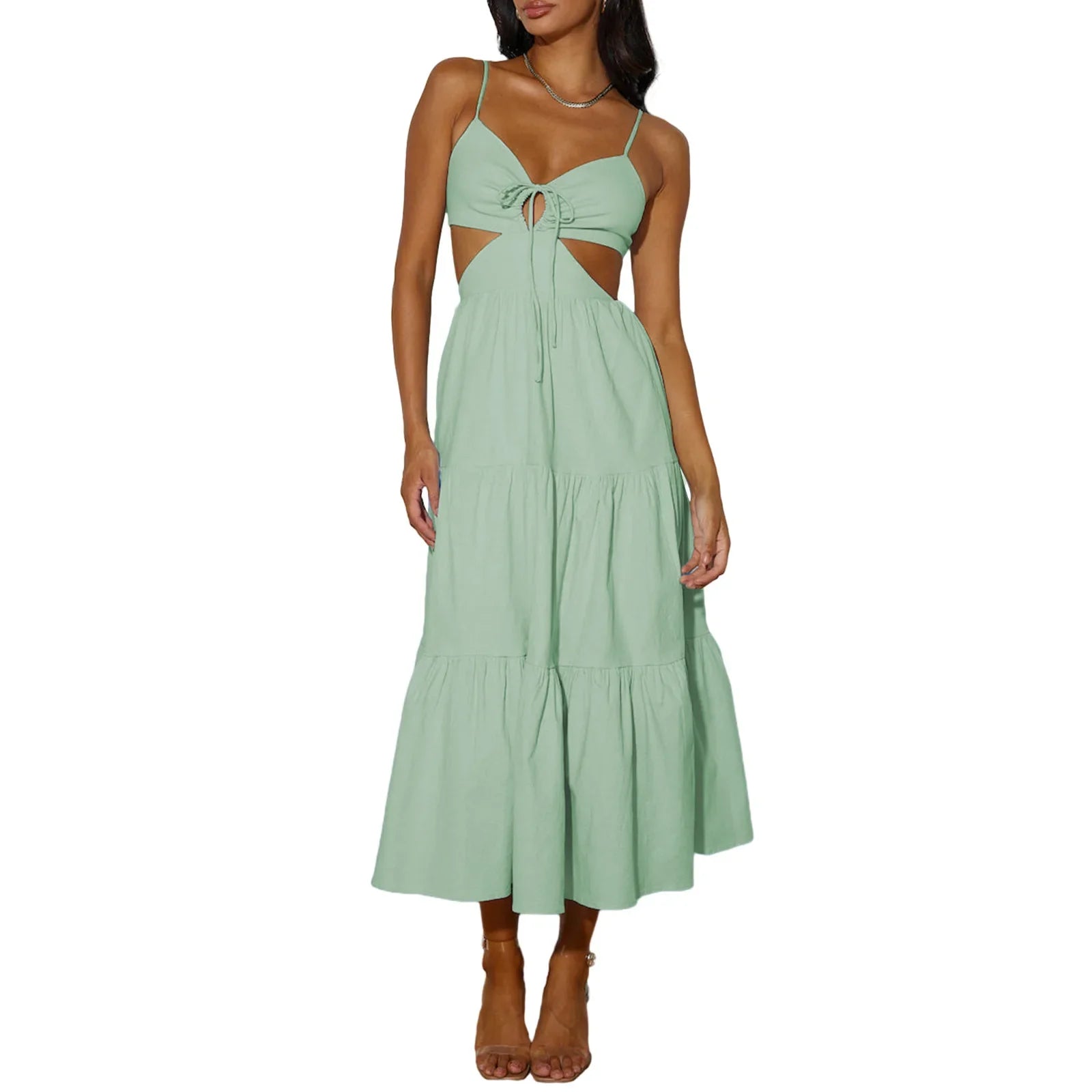 Spaghetti Strap Vacation Long Dress For Women Summer 2025 Fashion Elegant Sleeveless Backless Hollow Out Vestidos Party Dresses