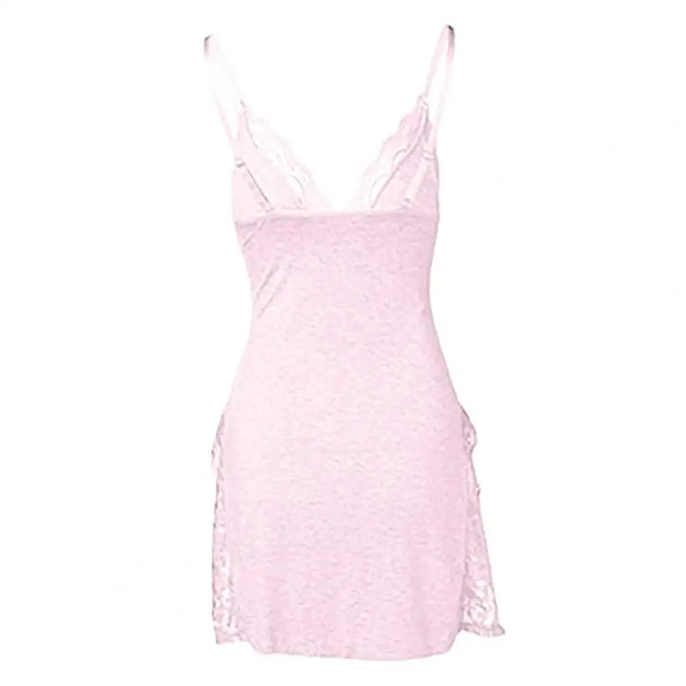 Women Summer Nightdress Backless Deep V Neck Spaghetti Strap Sleeveless Sleepwear Lace Trim Split Hem Nightie Night Slip Dress