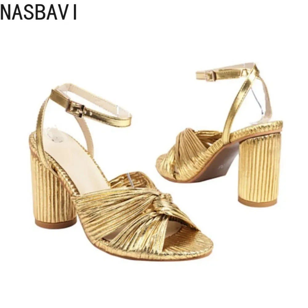 NASBAVI Straps Women's Sandals Summer Shoes Luxury Peep Toe Flip Flops Round High Heels Gold Party Dance Wedding Shoes Ladies