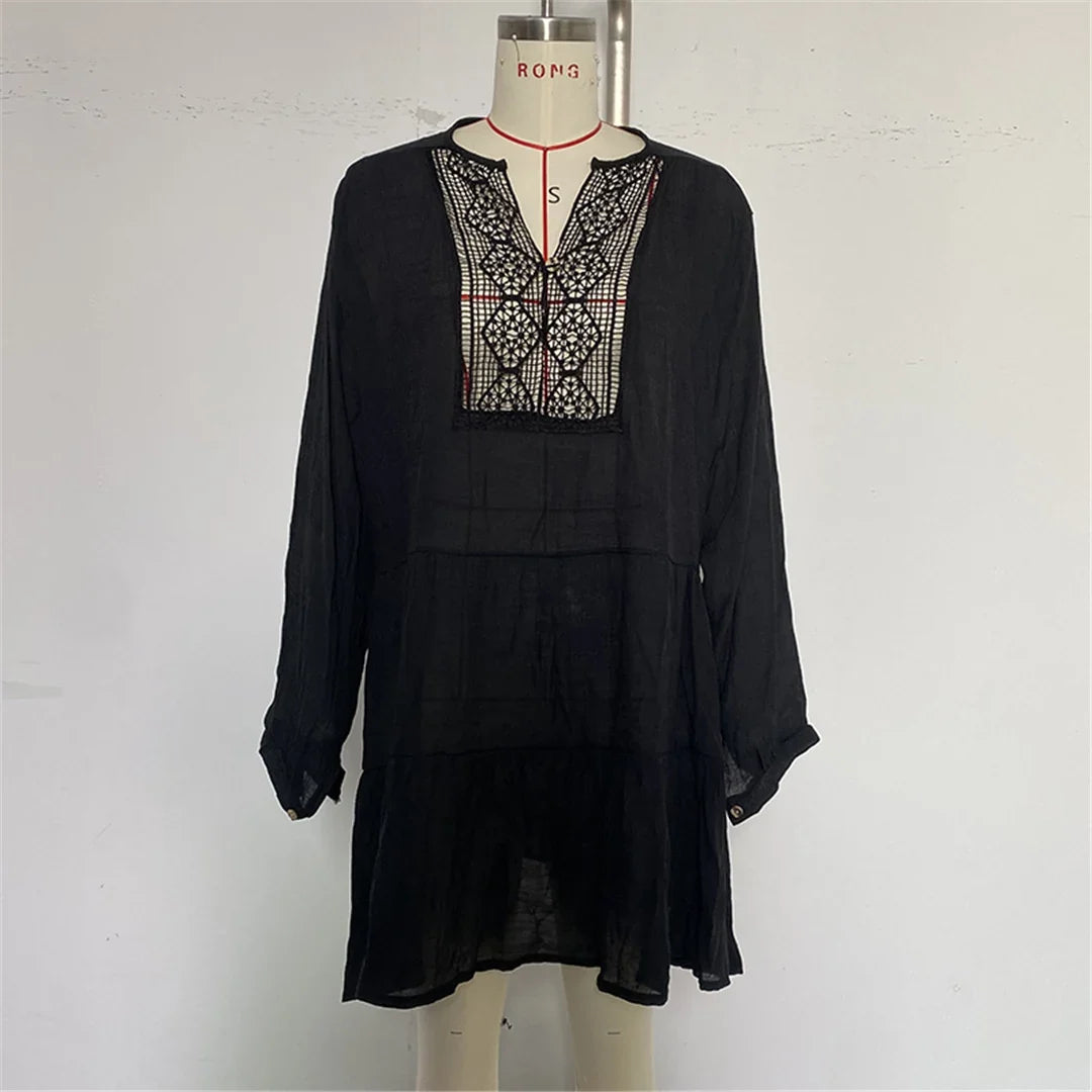 2025 Long Sleeve Hollow Out Crochet Knitted Tunic Beach Cover Up Cover-ups Beach Dress Beach Wear Beachwear Female Women K6674