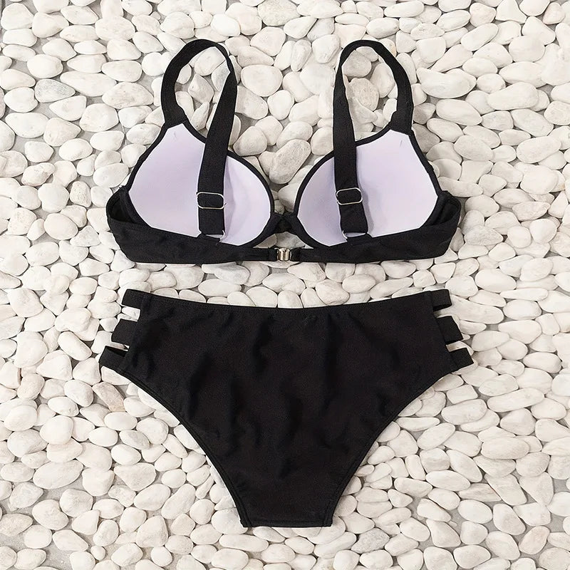Solid Color Black Two Piece Swimsuit for Women Sexy Underwire V-neck Suspender Backless Bikini Set High Waist Beach Swimwear