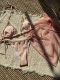 With Mesh Sarong Wrinkled Halter Shell Bikini Female Swimsuit Women Swimwear Three-pieces Bikini Set Bathing Suit Swim Beachwear