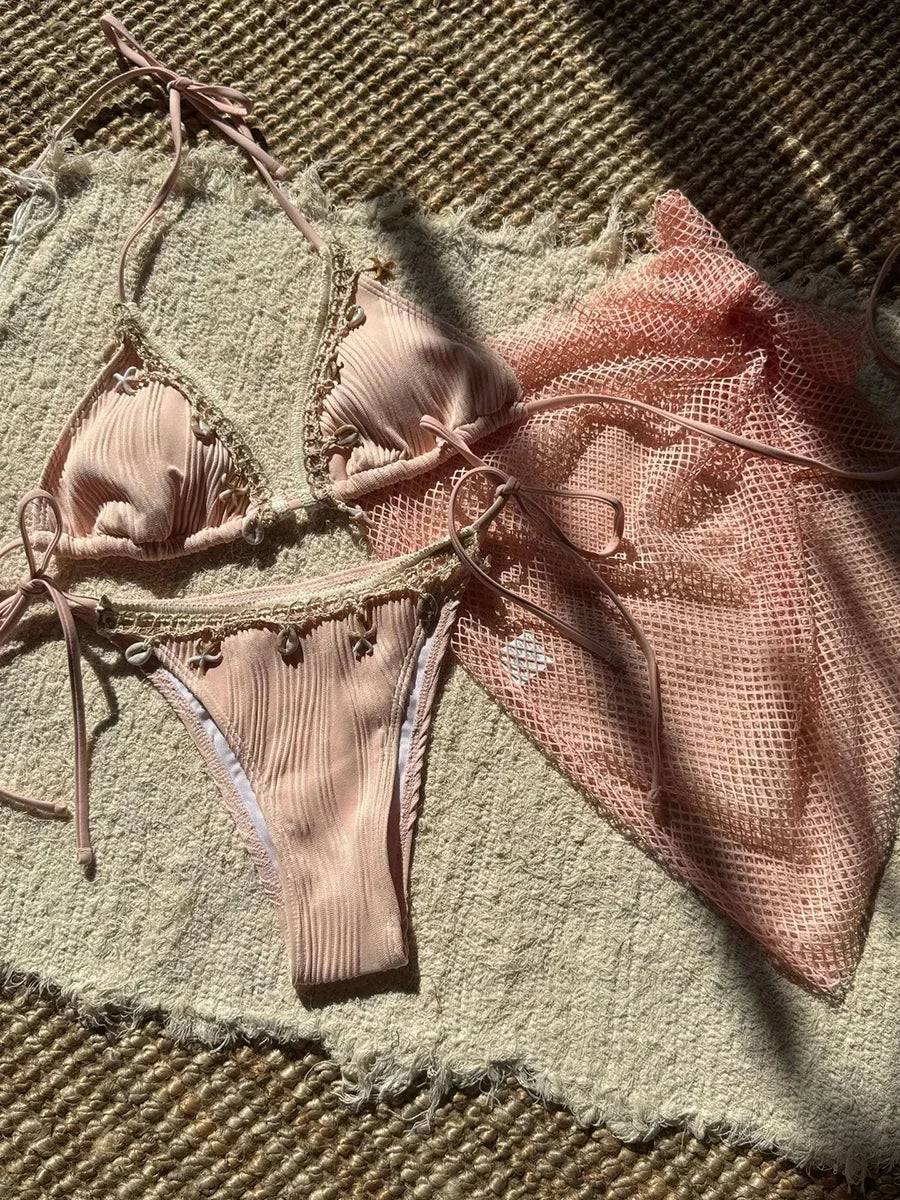 With Mesh Sarong Wrinkled Halter Shell Bikini Female Swimsuit Women Swimwear Three-pieces Bikini Set Bathing Suit Swim Beachwear