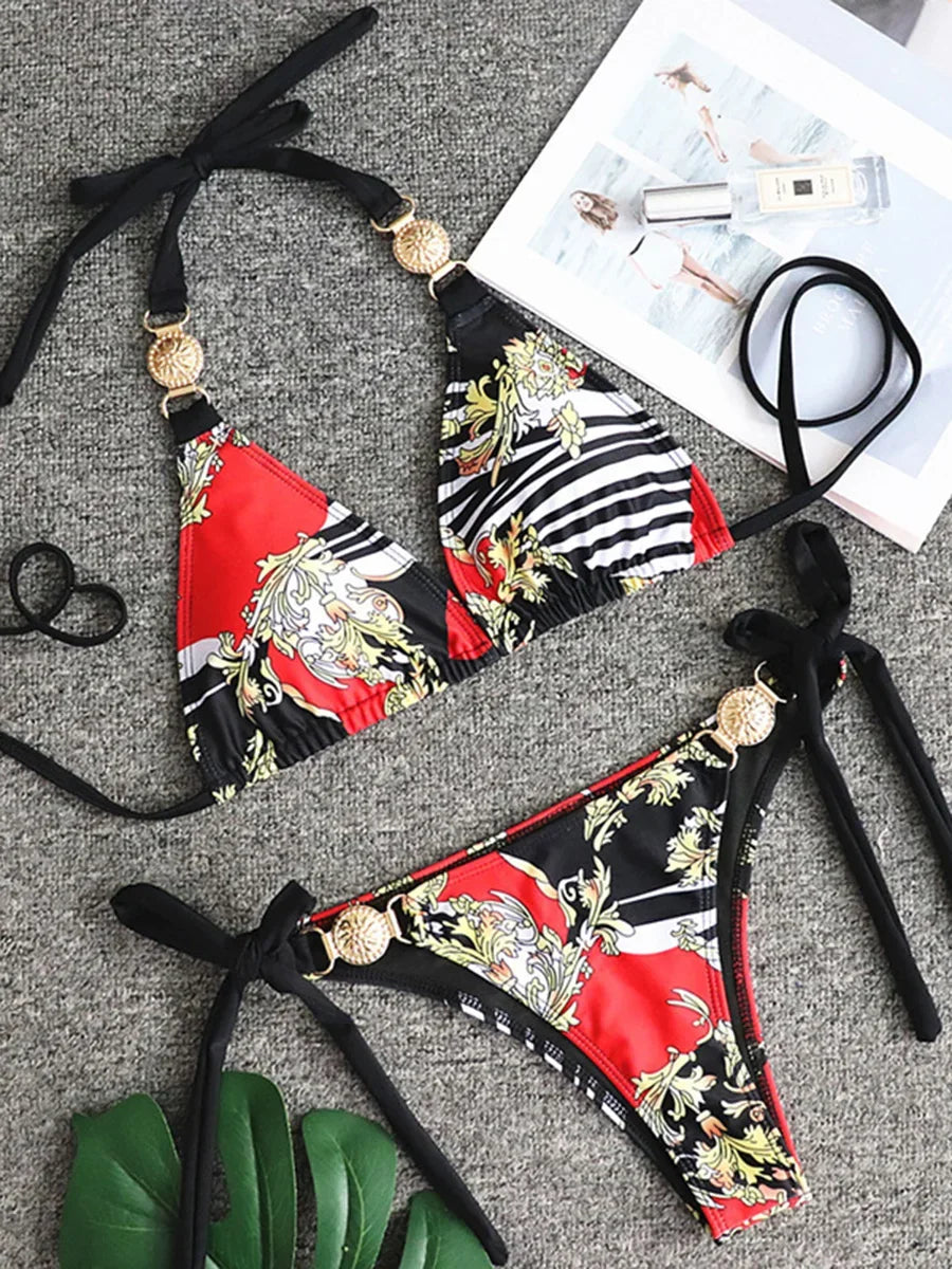 New Print Metal Halter Bikini 2025 Women Swimsuit Female Swimwear Two-pieces Bikini set Brazilian Bather Push Up Bathing Suit