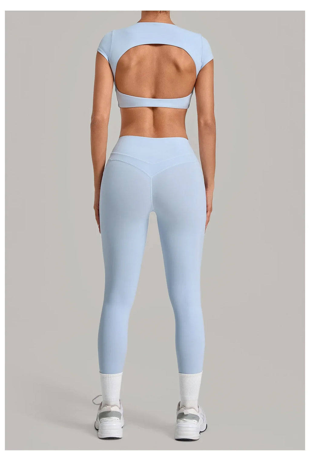 Yoga Set Women's Tracksuit Short Sleeve Back Hollow Out Sports Top Athletic Wear Tight High Waist Pocket Leggings Fitness Suits