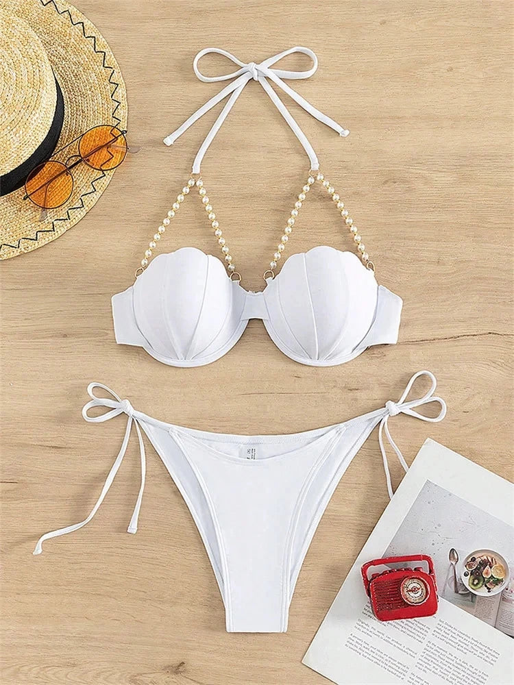 Shell Shaped Underwired Bra Cup Bikini Women Pearls Bikinis 2025 Female Swimwear Two Pieces Bikini Set Push Up Bathing Suit Swim