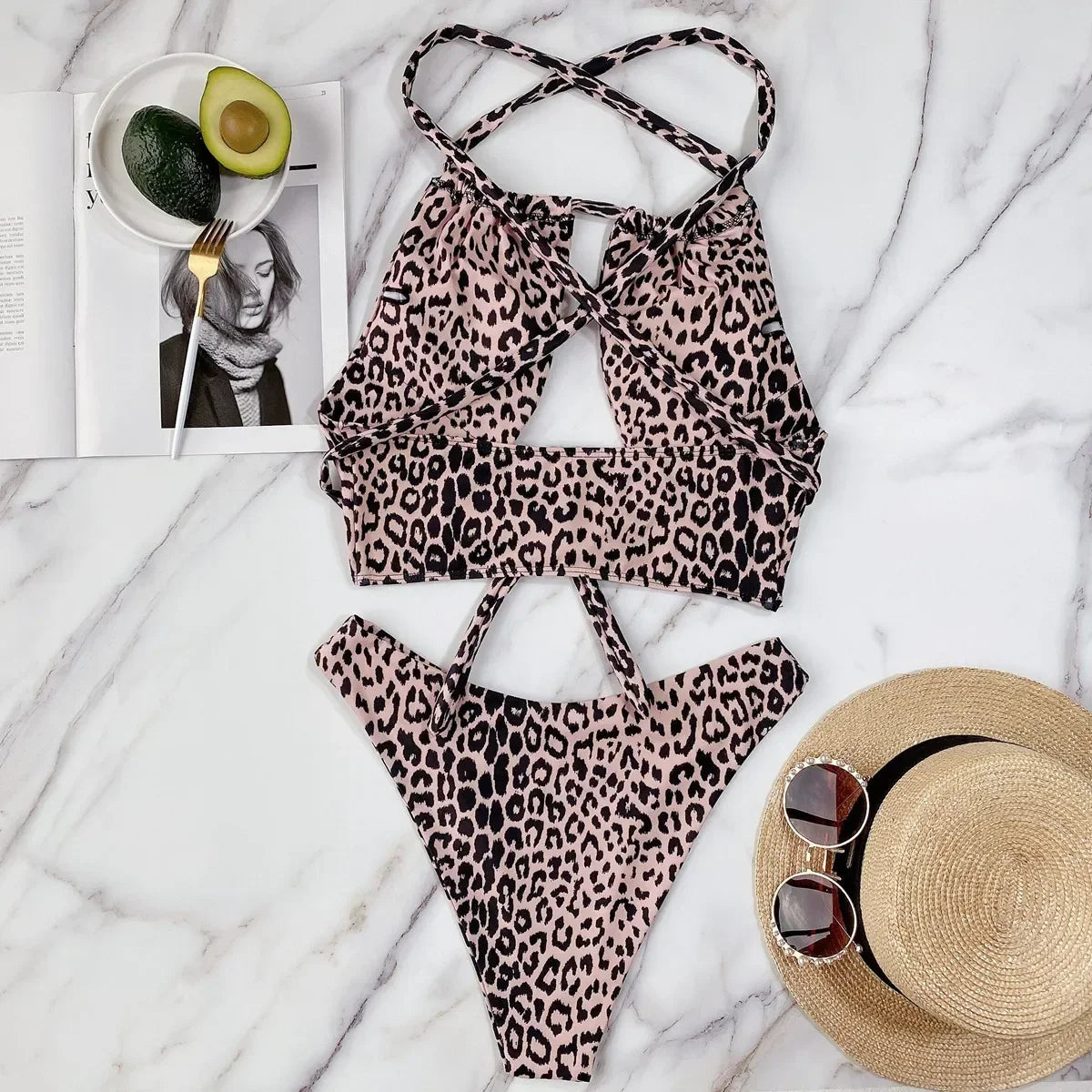 2026 New Sexy Bikini High Waist Swimwear Swimsuit Women Leopard Cross Back Straps Bikinis Set Bathing Suit Beach Bikini Female