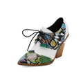 Snake Print Pumps Women Lace Up Brogue Shoes Pointed Toe Wedge Heels Deep Mouth Plus Size 40 41 42