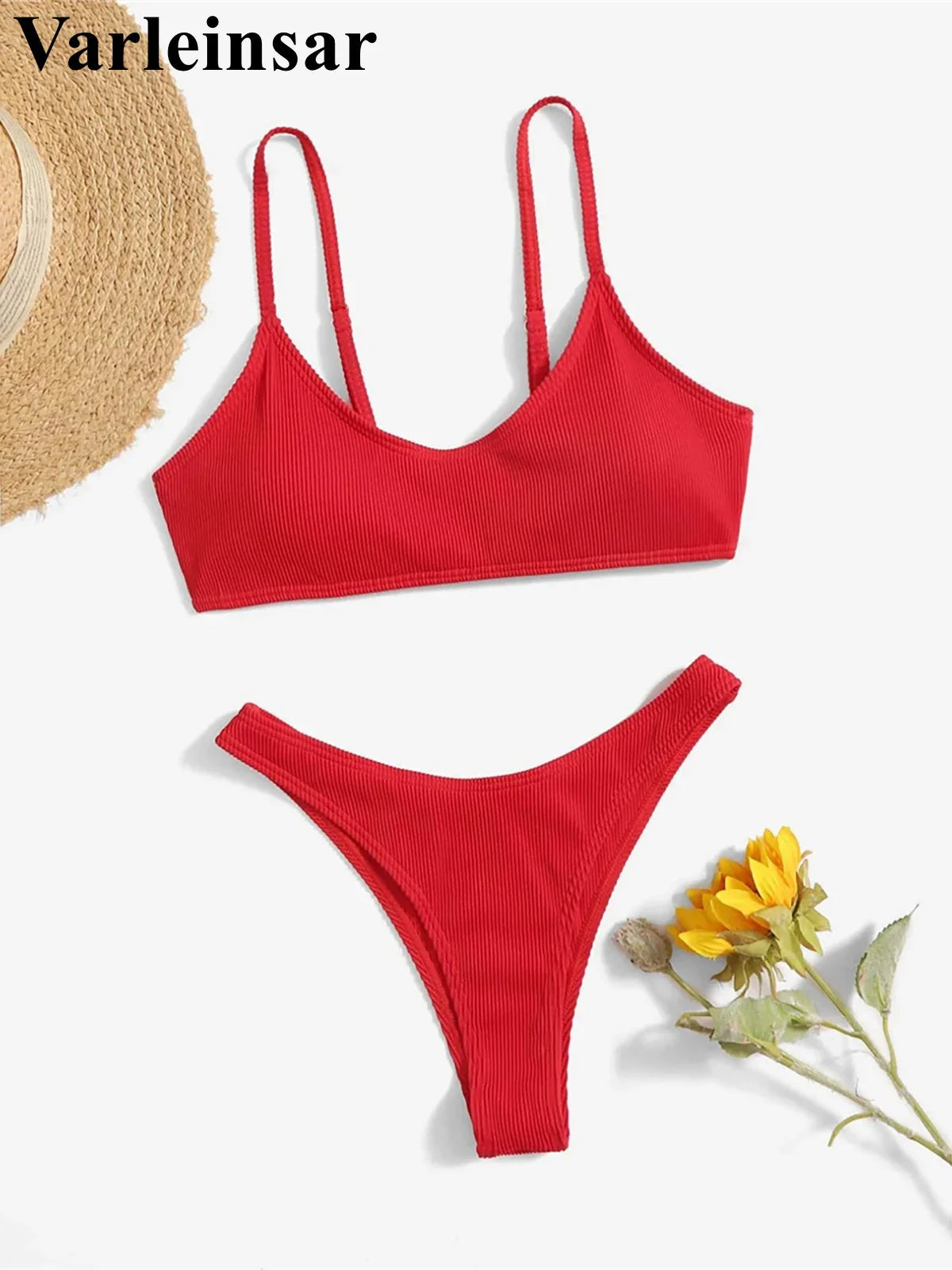Ribbed High Leg Cut Bikini Female Swimsuit Women Swimwear Two-Pieces Bikini Set Brazilian Padded Bather Bathing Suit Swim V7126