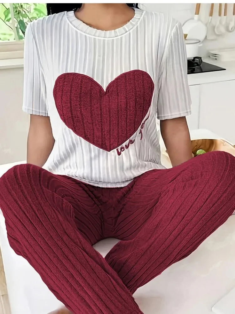 Autumn Winter Round Neck Short Sleeve Long Pants with Ribbed Stripes and Letter Heart Print Women's Pajamas Home Wear