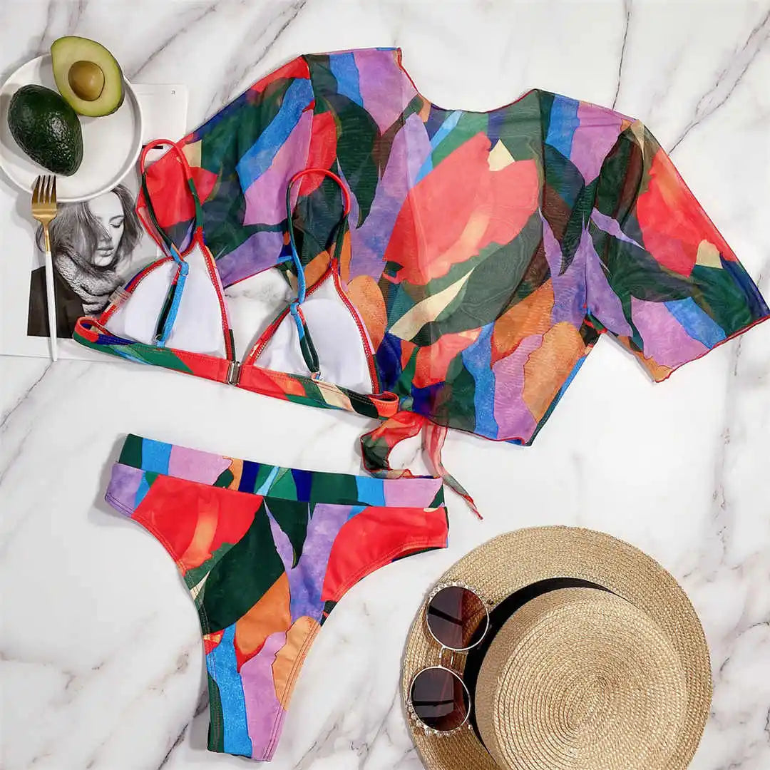 S - XXL Colorful Print High Waist Bikini Female Swimsuit Women Swimwear Three-Pieces Bikini Set Bather Bathing Suit Swim V2805